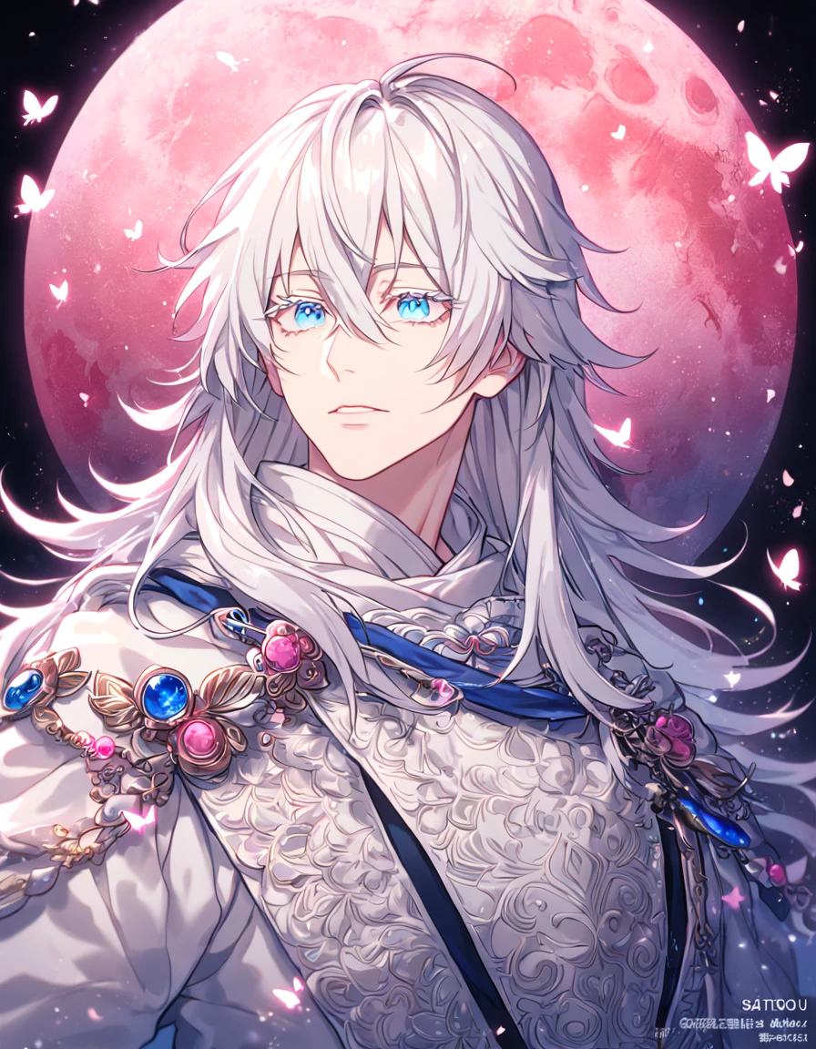 absurdres, highres, ultra detailed, HDR, master piece, best quality, extremely detailed face, delicated features, Gojou Satoru,white hair, long hair, messy hair, hair between the eyes, expressive blue eyes, white eyelashes, Thousand Years War, solo, sexy man, handsome, cape, white robes, accessories, patterns, fantasy, magical, radiant, pink butterflies, pink flowers, night sky, shinning pink moon, blossoms, Jujutsu Kaisen