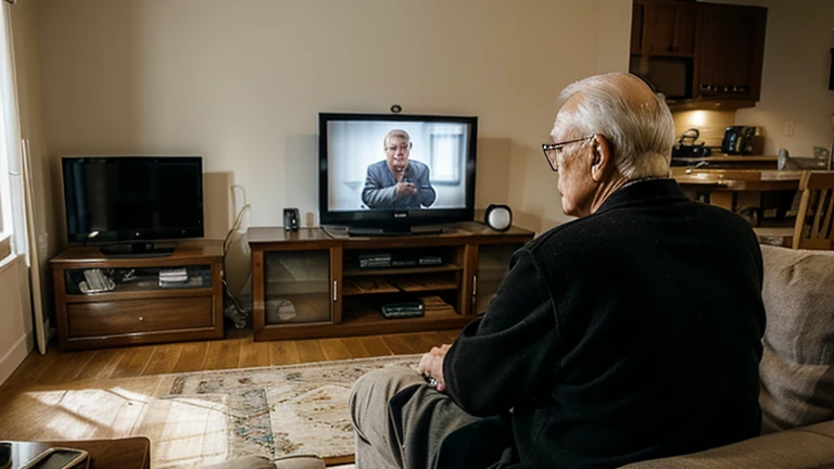 Grandfather watching television. He is alone in his living room