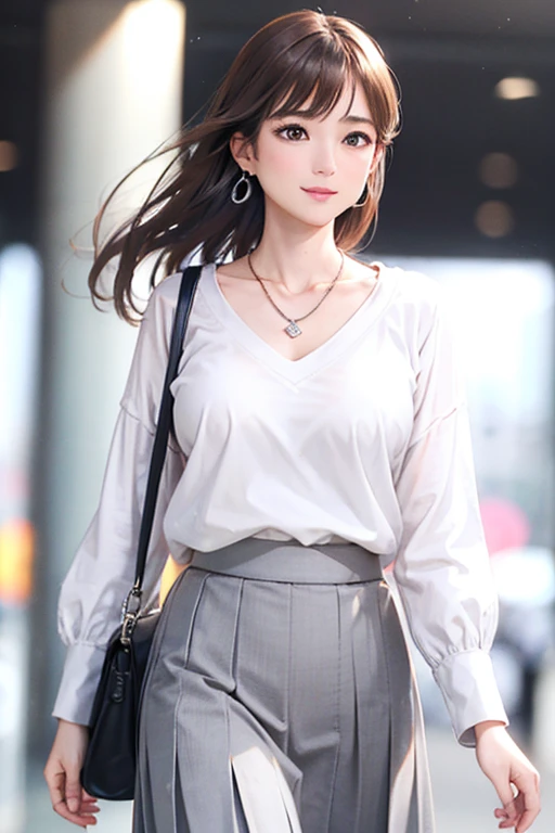 (Highest quality、 8k 、masterpiece、High resolution)、Young lovely woman、Ample breasts、Smooth and unnoticeable collarbone、Slender beauty、(Brown hair medium、My hair is blowing in the wind、Flows backwards)、Full Body Shot、 (Beautiful Face,Beautiful Eyes,Beautiful nose,Pretty lips)、(Stephanie hoove earrings、silver heart necklace)、((Official Casual、knit、shirt、slacks、skirt、Black or white、Finish with basic colors such as pink))、Has an official bag、Her mouth opens slightly and a smile appears.、Nice pose、Building district、office Street、looking at the camera、Professional Lighting、Professional photographer、Detailed CG、
