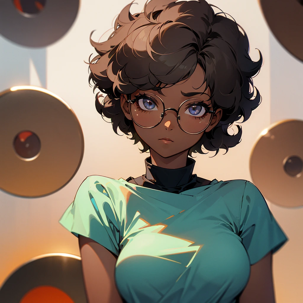 short curly hair, darkskin, round glasses