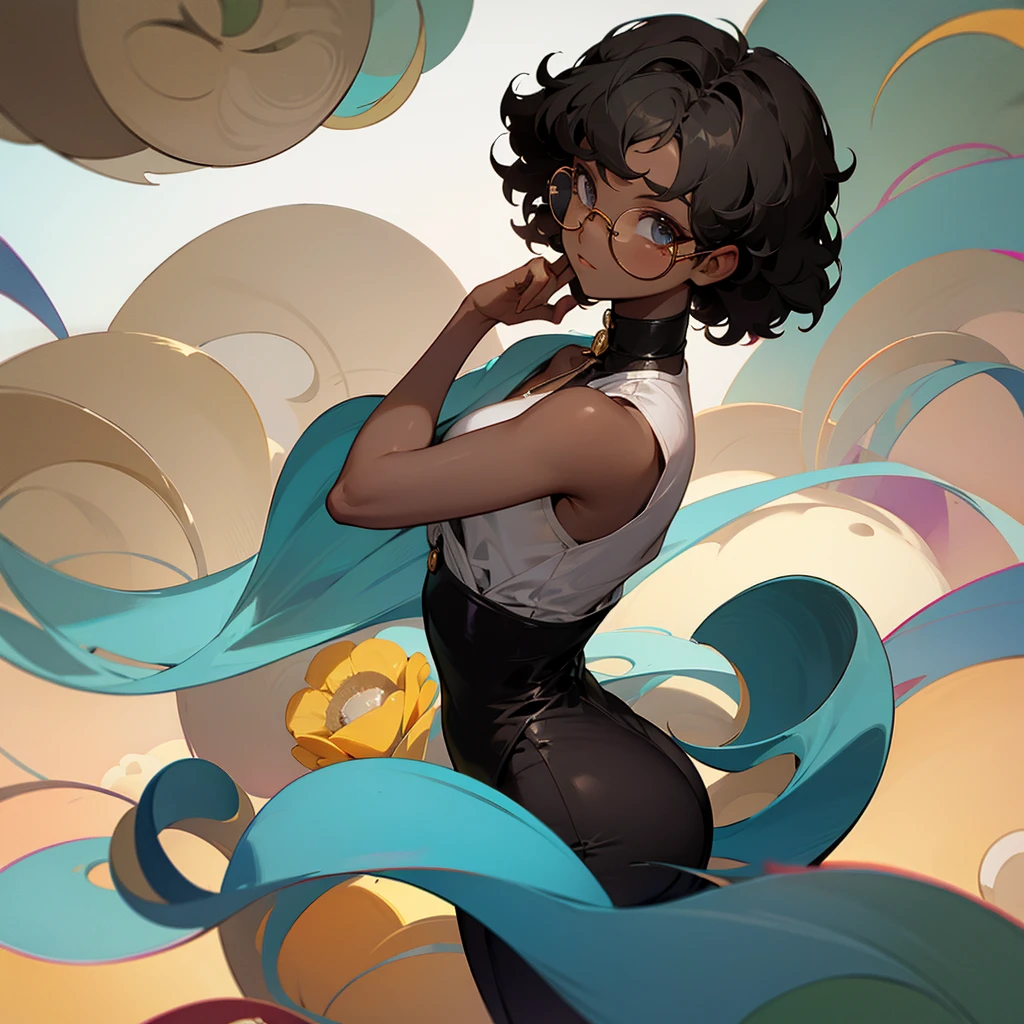 short curly hair, darkskin, round glasses