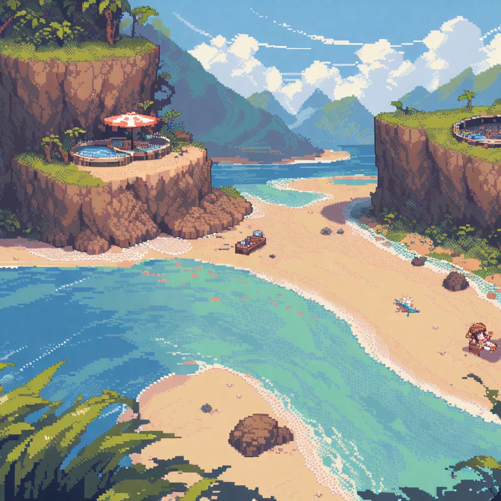 (masterpiece, best quality:1.2), Pixel Art,Land Space，beach