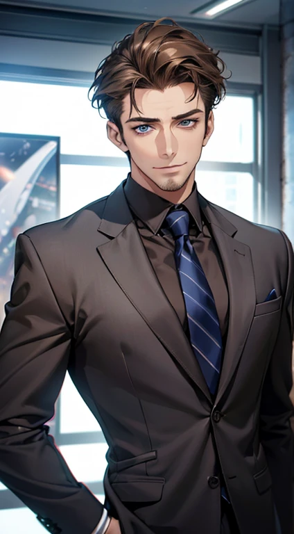 (best quality,4k,8k,highres,masterpiece:1.2),ultra-detailed,(realistic,photorealistic,photo-realistic:1.37),1 man,31 years old,mature man,very handsome,without expression,smile,short grey brown hair,blue eyes,penetrating gaze,perfect face without errors,imposing posture,businessman,office background,cinematic lighting,hdr image