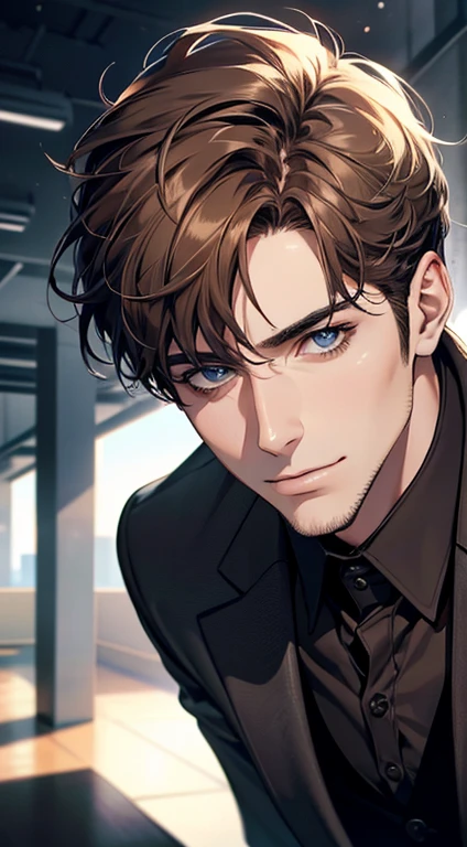 (best quality,4k,8k,highres,masterpiece:1.2),ultra-detailed,(realistic,photorealistic,photo-realistic:1.37),1 man,31 years old,mature man,very handsome,without expression,smile,short grey brown hair,blue eyes,penetrating gaze,perfect face without errors,imposing posture,businessman,office background,cinematic lighting,hdr image