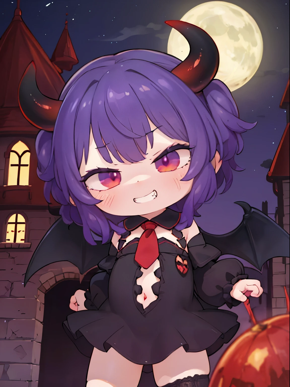(One girl), cute, ((Chibi Character)), (Small devil:1.3), wing, tail, Devil horns, Purple Hair, Red Eye, (evil grin:1.3), (Dark Castle:1.3), night, Outdoor, Are standing, Cowboy Shot, ((Highest quality)), ((masterpiece)), (Detailed), Perfect Face, Perfect Arms, Perfect hands, Perfect Fingers, anime, Ultra-fine illustration,