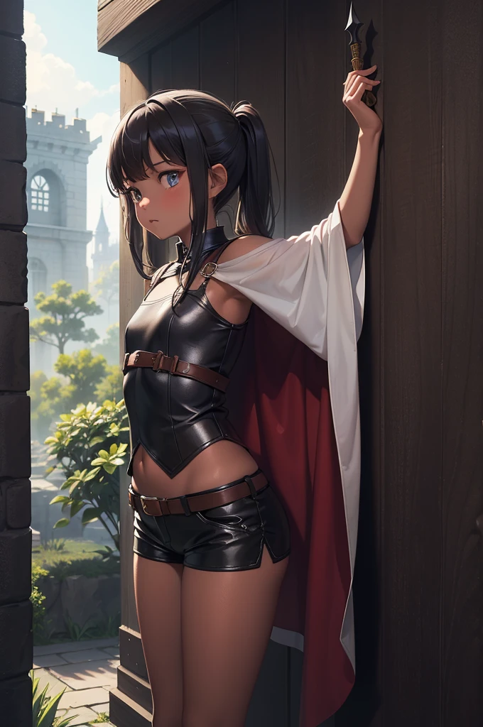 Fantasy, 1 tiny_ Girl, (Loli)++, 10yo, slender_child, cat_ears, Cape,Outdoor,Leotard, Shy, (bare_groin,bare_waist)++, hold_huge_sword_hilt, Solo, Thigh, covered_,apart_legs, Smile, Happy, black_hair, navel_naked, slender_legs,tiny_slender_thighs,