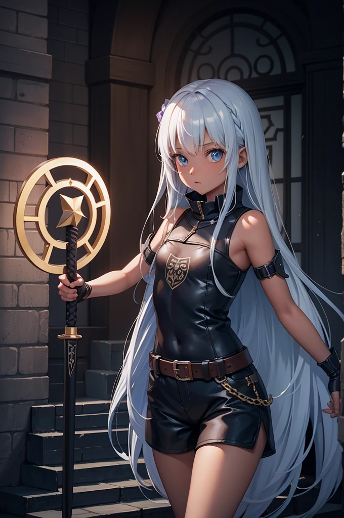 最high qualiy、high qualiy、Simple medieval leather clothing、10Adventurous one girl、Climb the maze stairs、fabric shorts、Equipped with a dagger and a shield、In a dark maze