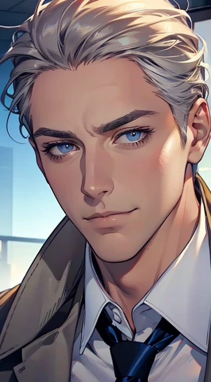 (best quality,4k,8k,highres,masterpiece:1.2),ultra-detailed,(realistic,photorealistic,photo-realistic:1.37),1 man,31 years old,mature man,very handsome,without expression,smile,short grey white hair,blue eyes,penetrating gaze,perfect face without errors,imposing posture,businessman,office background,cinematic lighting,hdr image