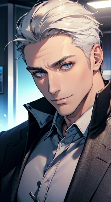 (best quality,4k,8k,highres,masterpiece:1.2),ultra-detailed,(realistic,photorealistic,photo-realistic:1.37),1 man,31 years old,mature man,very handsome,without expression,smile,short grey white hair,blue eyes,penetrating gaze,perfect face without errors,imposing posture,businessman,office background,cinematic lighting,hdr image