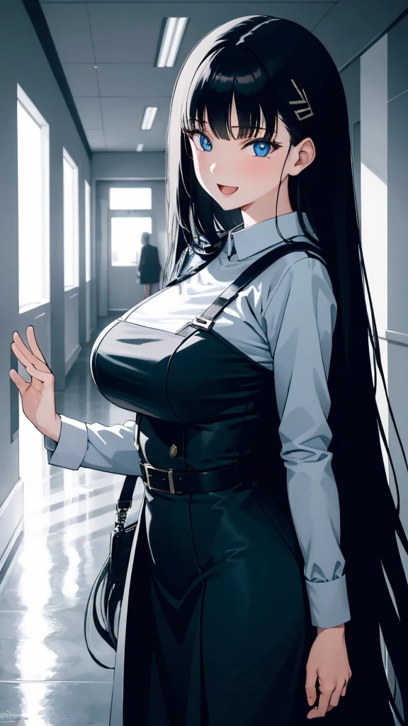 (masterpiece), (best quality), (ultra-detailed), ((girl, 29 years old)), an extremely delicate and beautiful, detailed eyes, minute details, (black hair, long hair, straight hair, hair between eyes), ((big breasts)), smile, open mouth, ((beautiful eyes)), (blue eyes), (upper body), she is wearing a blue dress, (detailed clothes), (detailed background, in a hospital, hospital hallway), (monochrome)