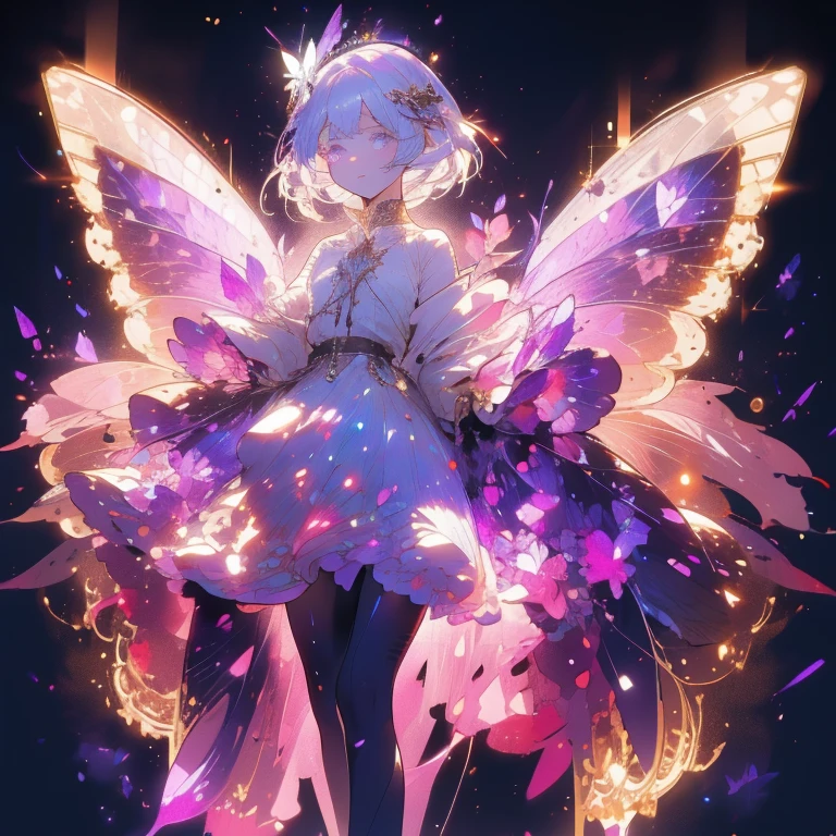 a beautiful (1girl) with colorful butterfly wings, white hair, detailed face, purple eyes,intricate butterfly wings,detailed wing patterns,detailed clothing,colorful butterfly wings,cinematic lighting,golden light particle, best detailed,masterpiece,ultra detailed, best shadow, delicate,action pose, (dynamic angle,detailed background, fantasy), (beautiful detailed face), high contrast, (best illumination, an extremely delicate and beautiful), ((cinematic light)), colorful, hyper detail, dramatic light, intricate details, butterfly circle, magic crystals, Fantastic fairy, Unique type