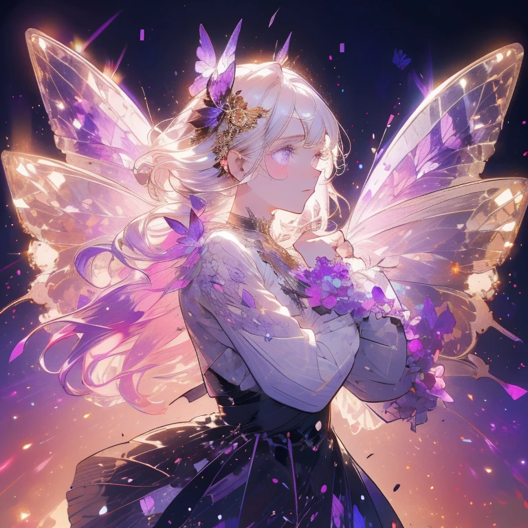a beautiful (1girl) with colorful butterfly wings, white hair, detailed face, purple eyes,intricate butterfly wings,detailed wing patterns,detailed clothing,colorful butterfly wings,cinematic lighting,golden light particle, best detailed,masterpiece,ultra detailed, best shadow, delicate,action pose, (dynamic angle,detailed background, fantasy), (beautiful detailed face), high contrast, (best illumination, an extremely delicate and beautiful), ((cinematic light)), colorful, hyper detail, dramatic light, intricate details, butterfly circle, magic crystals, Fantastic fairy, Unique type