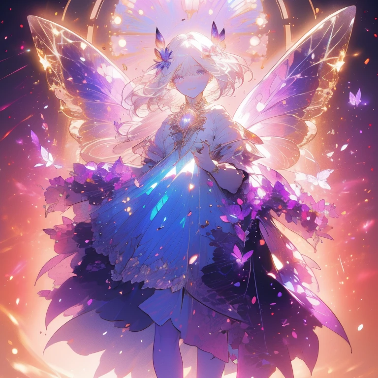 a beautiful (1girl) with colorful butterfly wings, white hair, detailed face, purple eyes,intricate butterfly wings,detailed wing patterns,detailed clothing,colorful butterfly wings,cinematic lighting,golden light particle, best detailed,masterpiece,ultra detailed, best shadow, delicate,action pose, (dynamic angle,detailed background, fantasy), (beautiful detailed face), high contrast, (best illumination, an extremely delicate and beautiful), ((cinematic light)), colorful, hyper detail, dramatic light, intricate details, butterfly circle, magic crystals, Fantastic fairy, Unique type