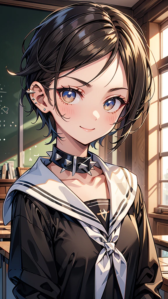 Very short spiked hair　dull brown hair　tall　Narrow eyes　smile　Glare　frivolous attitude　Country-style black sailor suit　Nagoya collar　　Rural classroom　Close-up of face