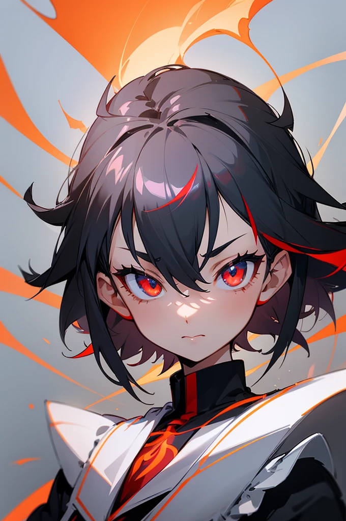 (high-quality, breathtaking),(expressive eyes, perfect face) 1girl, female, solo, kid age, age 7, black color hair, red highlight in hair, celestial skin, dark celestial skin body, void cosmic body, jet black skin, red eye color, short hair length, fluffy spiky hair, black short sleeved shirt, Symmetrical Eyes, childlike face, portrait, positive expression, grey background, hairstyle Ryuko Matoi, height 4"