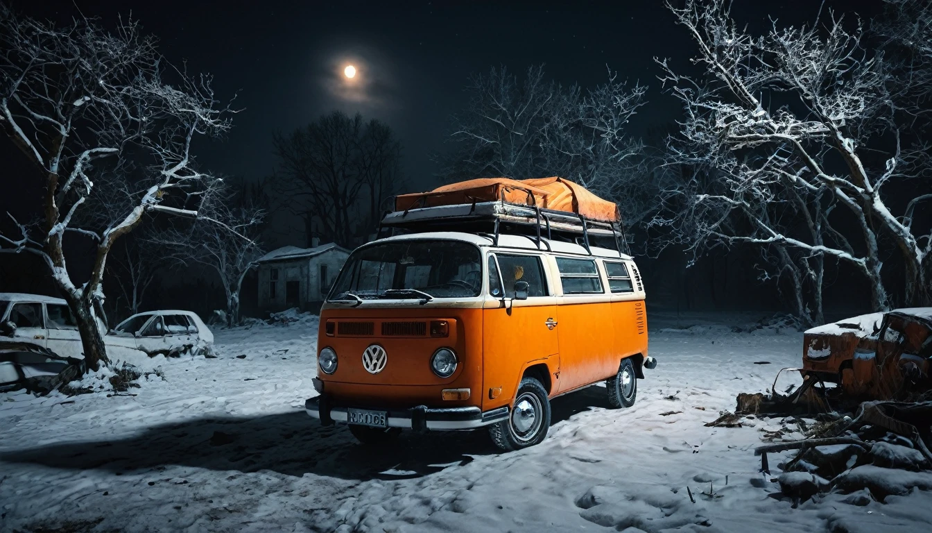 analog gloomy photo of an (orange) volkswagen kombi, ((haunted house:1.0)), (walking dead:1.0), zombie apocalypse, (abandoned town at (midnight)), (full moon), (winter), (snow), ((horror movie)), ((nighttime)), lost in the wood, ruins, dilapidated buildings, High Detail, Sharp focus, (photorealism), realistic, best quality, 8k, award winning, dramatic lighting, epic, cinematic, masterpiece, rim light, ambient fog:1.5, dutch angle,