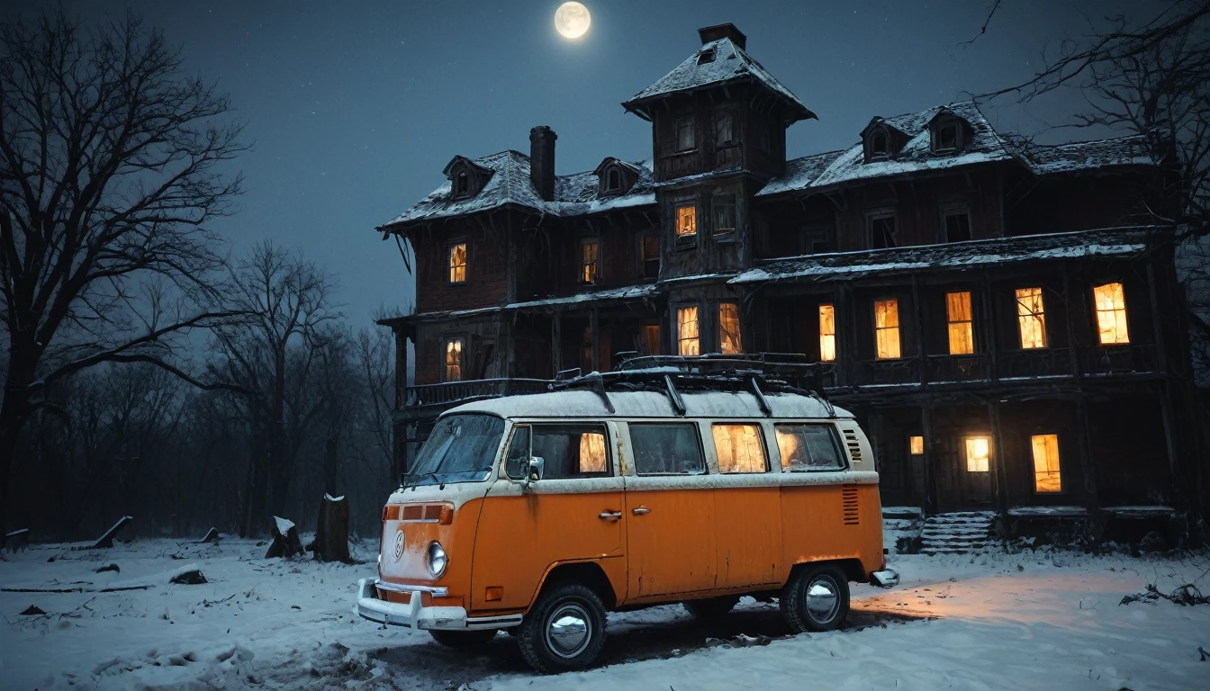 analog gloomy photo of an (orange) volkswagen kombi, ((haunted house:1.0)), (walking dead:1.0), zombie apocalypse, (abandoned town at (midnight)), (full moon), (winter), (snow), ((horror movie)), ((nighttime)), lost in the wood, ruins, dilapidated buildings, High Detail, Sharp focus, (photorealism), realistic, best quality, 8k, award winning, dramatic lighting, epic, cinematic, masterpiece, rim light, ambient fog:1.5, dutch angle,