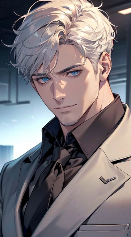 (best quality,4k,8k,highres,masterpiece:1.2),ultra-detailed,(realistic,photorealistic,photo-realistic:1.37),1 man,31 years old,mature man,very handsome,without expression,smile,short white hair,blue eyes,penetrating gaze,perfect face without errors,imposing posture,businessman,office background,cinematic lighting,hdr image