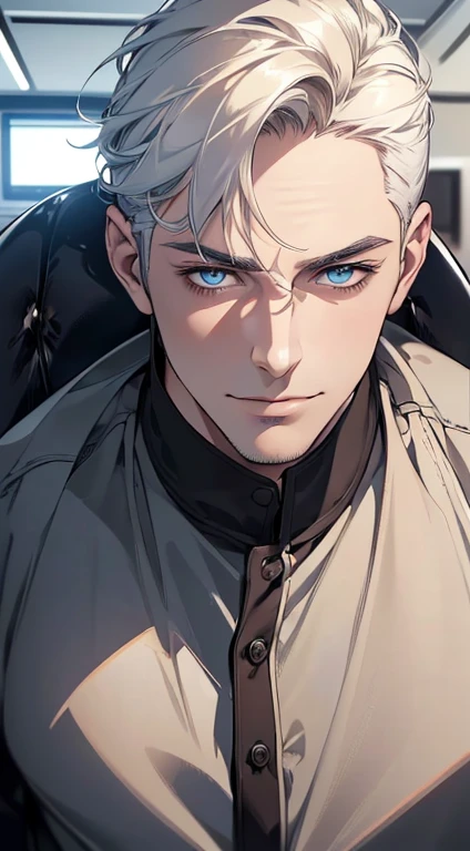 (best quality,4k,8k,highres,masterpiece:1.2),ultra-detailed,(realistic,photorealistic,photo-realistic:1.37),1 man,31 years old,mature man,very handsome,without expression,smile,short white hair,blue eyes,penetrating gaze,perfect face without errors,imposing posture,businessman,office background,cinematic lighting,hdr image