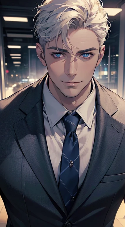 (best quality,4k,8k,highres,masterpiece:1.2),ultra-detailed,(realistic,photorealistic,photo-realistic:1.37),1 man,31 years old,mature man,very handsome,without expression,smile,short white hair,blue eyes,penetrating gaze,perfect face without errors,imposing posture,businessman,office background,cinematic lighting,hdr image