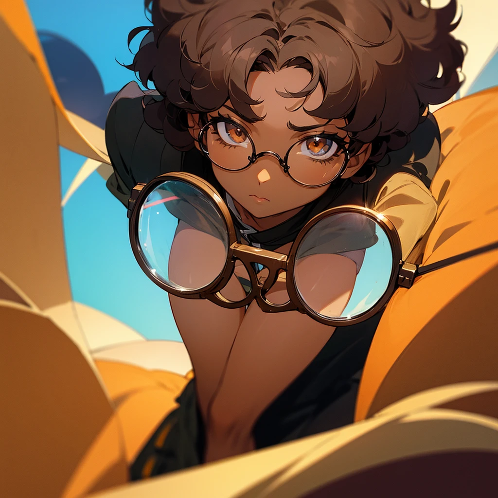 short curly hair, darkskin, round glasses, Eye Brown
