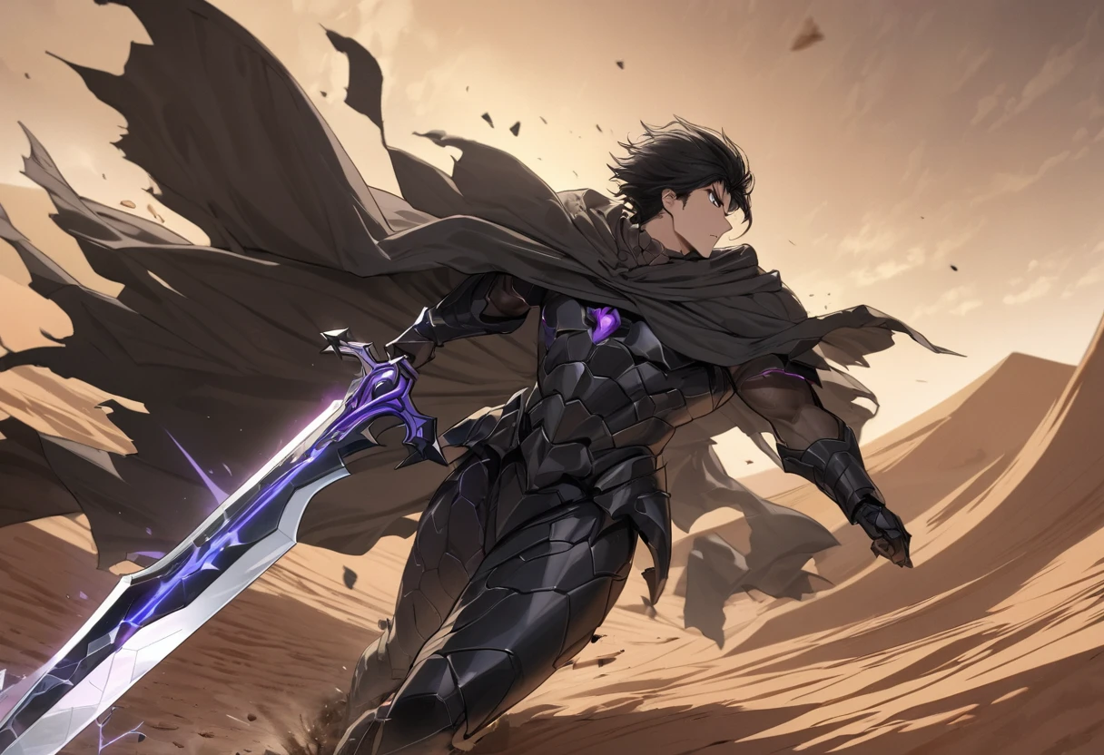 panoramic, profile, (God of Destruction style, hard running style) (solo:2, 35yo), (very short black hair Strong body divine fighter guy), (serious cool gray eyes, serious face), (bery strong body with God of Destruction), in a Cursed Dark Armor, black Enchanted Cloak with review, (put on back with biggest divine Bastard Blade), running on desert, break, in the Desolate desert, background open field, BREAK, perfect anatomy, masterpiece, best quality, 16k, beautiful detailed Shattered World, daydreaming expression.