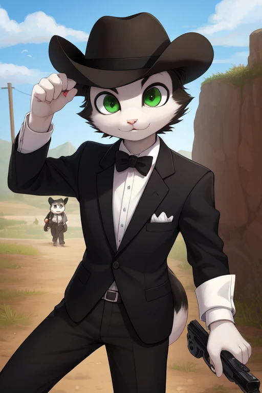 A tuxedo breed cat with green eyes being a heroic cowboy and leaning with a revolver having a view towards the viewer 