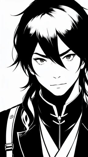 Monochrome、頭に白いバンダナを巻いたMonochrome男性、白いマフラーのMonochrome男性、白いファンタジー衣装のMonochrome男性、黒い長髪男性のMonochrome、