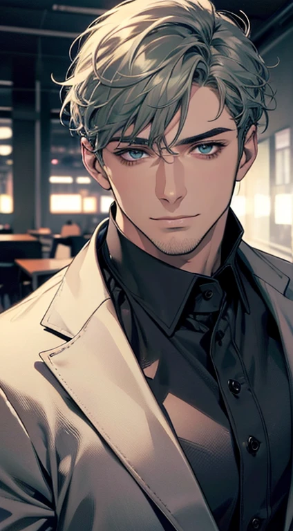(best quality,4k,8k,highres,masterpiece:1.2),ultra-detailed,(realistic,photorealistic,photo-realistic:1.37),1 man,31 years old,mature man,very handsome,without expression,smile,short grey green hair,blue eyes,penetrating gaze,perfect face without errors,imposing posture,businessman,office background,cinematic lighting,hdr image