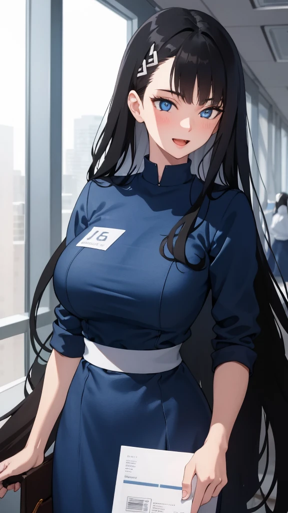 (masterpiece), (best quality), (ultra-detailed), ((girl, 29 years old)), an extremely delicate and beautiful, detailed eyes, minute details, (black hair, long hair, straight hair, hair between eyes), ((big breasts)), smile, open mouth, ((beautiful eyes)), (blue eyes), (upper body), she is wearing a blue dress, (detailed clothes), (detailed background, in a hospital, hospital hallway), (monochrome)