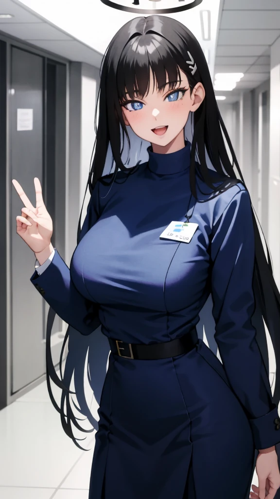 (masterpiece), (best quality), (ultra-detailed), ((girl, 29 years old)), an extremely delicate and beautiful, detailed eyes, minute details, (black hair, long hair, straight hair, hair between eyes), ((big breasts)), smile, open mouth, ((beautiful eyes)), (blue eyes), (upper body), she is wearing a blue dress, (detailed clothes), (detailed background, in a hospital, hospital hallway), (monochrome)