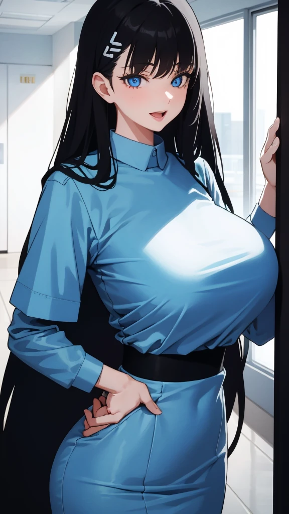 (masterpiece), (best quality), (ultra-detailed), ((girl, 29 years old)), an extremely delicate and beautiful, detailed eyes, minute details, (black hair, long hair, straight hair, hair between eyes), ((big breasts)), smile, open mouth, ((beautiful eyes)), (blue eyes), (upper body), she is wearing a blue dress, (detailed clothes), (detailed background, in a hospital, hospital hallway), (monochrome)