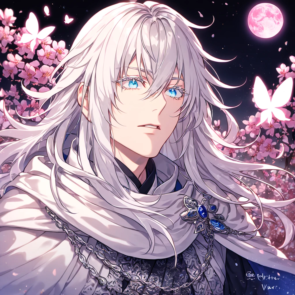 absurdres, highres, ultra detailed, HDR, master piece, best quality, extremely detailed face, delicated features, Gojou Satoru,white hair, long hair, messy hair, hair between the eyes, expressive blue eyes, white eyelashes, Thousand Years War, solo, sexy man, handsome, cape, white robes, accessories, patterns, fantasy, magical, radiant, pink butterflies, pink flowers, night sky, shinning pink moon, blossoms, Jujutsu Kaisen