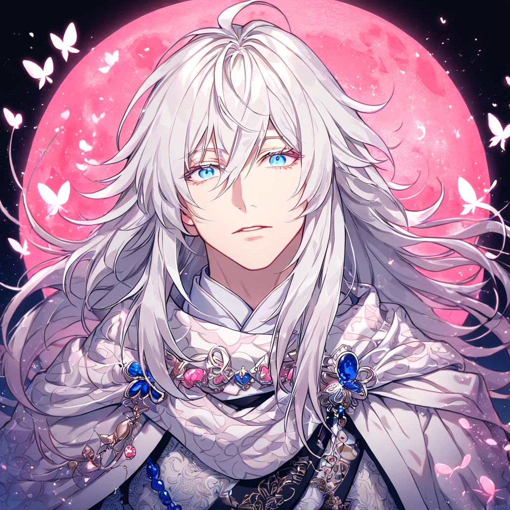 absurdres, highres, ultra detailed, HDR, master piece, best quality, extremely detailed face, delicated features, Gojou Satoru,white hair, long hair, messy hair, hair between the eyes, expressive blue eyes, white eyelashes, Thousand Years War, solo, sexy man, handsome, cape, white robes, accessories, patterns, fantasy, magical, radiant, pink butterflies, pink flowers, night sky, shinning pink moon, blossoms, Jujutsu Kaisen