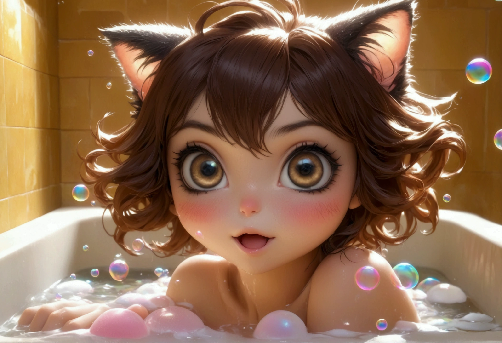 Xiaorou SeeU, age 20, in an adorable sexy cat girl, big eyes, naked, acting adorable playing with bubbles, she is enjoying a bubble bath leg up on side of tub, bathroom with bubble bath in tub, soap suds cover nsfw content
