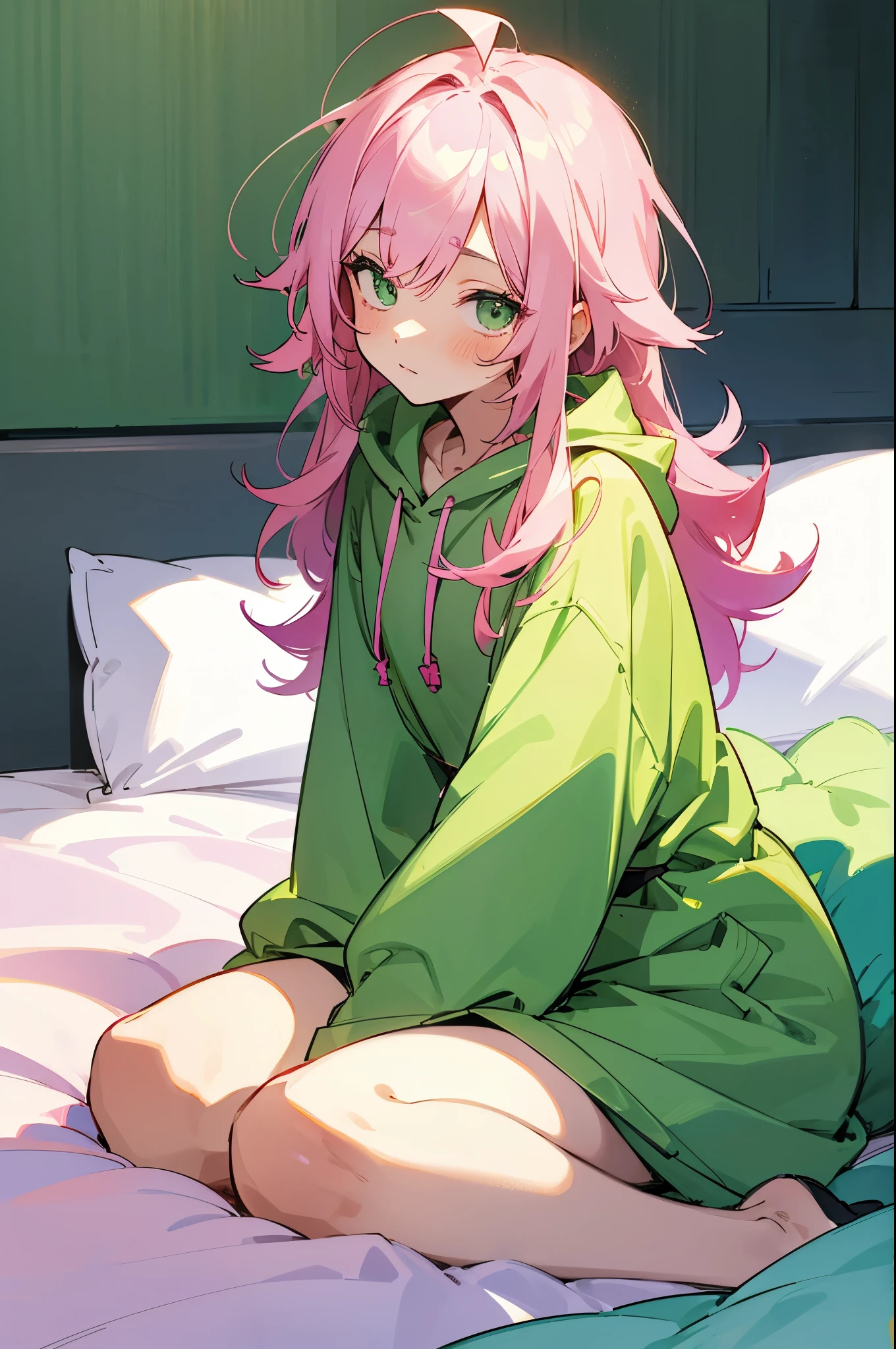 Beautiful young man, pink hair, green eyes, fluffy hair, Scratching Head, green hoodie, cute room, sitting on bed,Japanese anime, Clear line drawing, transparent watercolor, clear shading, high quality, amount of drawing, pixiv illustration
