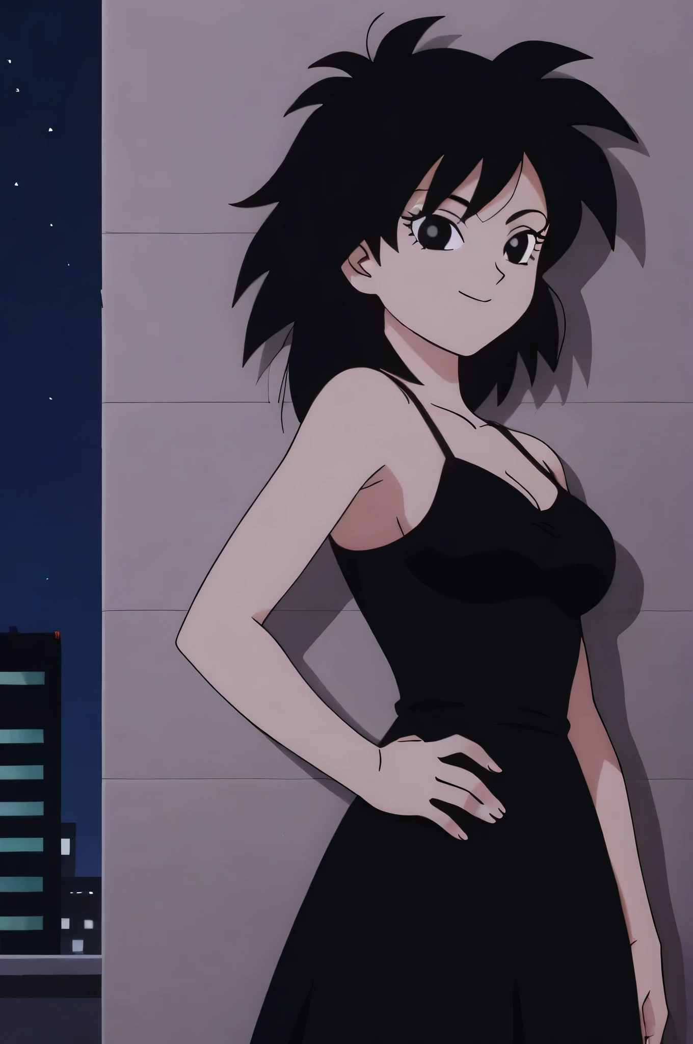 source_anime, score_9,score_8_up, score_7_up, ginedb, anime screencap, 1girl, solo, looking at viewer, smile, medium breasts, black hair, city, bare shoulders, medium breasts, smile, standing, cowboy shot, medium hair, black eyes, spiked hair, eyelashes, masterpiece, best quality, very aesthetic, absurdres, taut dress, spaghetti strap, black dress, sleeveless, night, standing near a wall, cowboy shot,