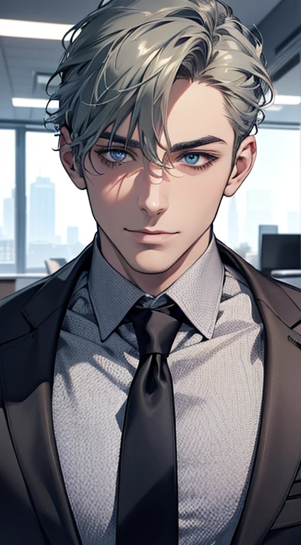 (best quality,4k,8k,highres,masterpiece:1.2),ultra-detailed,(realistic,photorealistic,photo-realistic:1.37),1 man,31 years old,mature man,very handsome,without expression,smile,short grey green hair,blue eyes,penetrating gaze,perfect face without errors,imposing posture,businessman,office background,cinematic lighting,hdr image