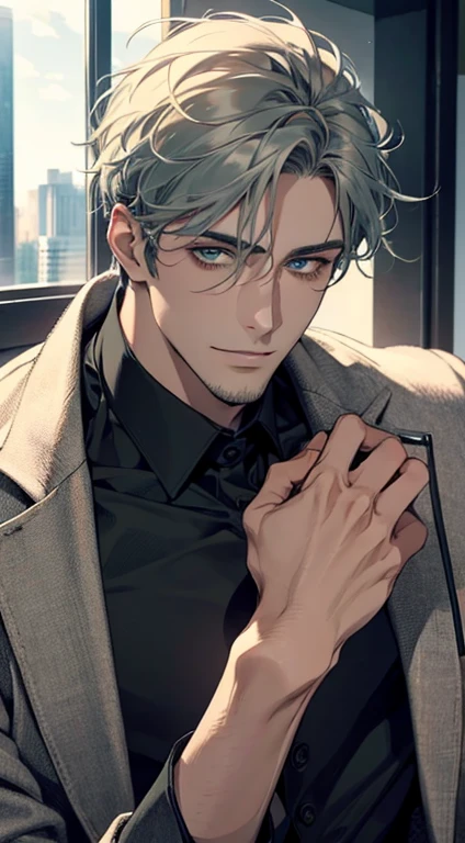 (best quality,4k,8k,highres,masterpiece:1.2),ultra-detailed,(realistic,photorealistic,photo-realistic:1.37),1 man,31 years old,mature man,very handsome,without expression,smile,short grey green hair,blue eyes,penetrating gaze,perfect face without errors,imposing posture,businessman,office background,cinematic lighting,hdr image