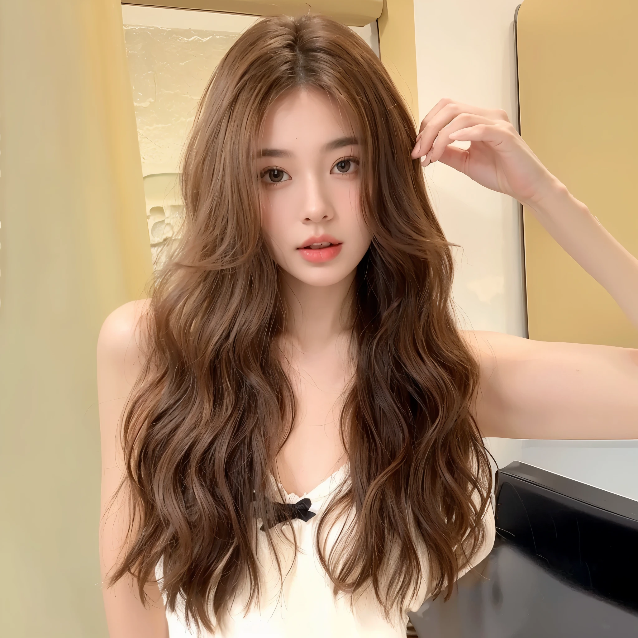 Warm brown water ripples,Long curly hair,Natural and beautiful hair,The background is simple and clean,