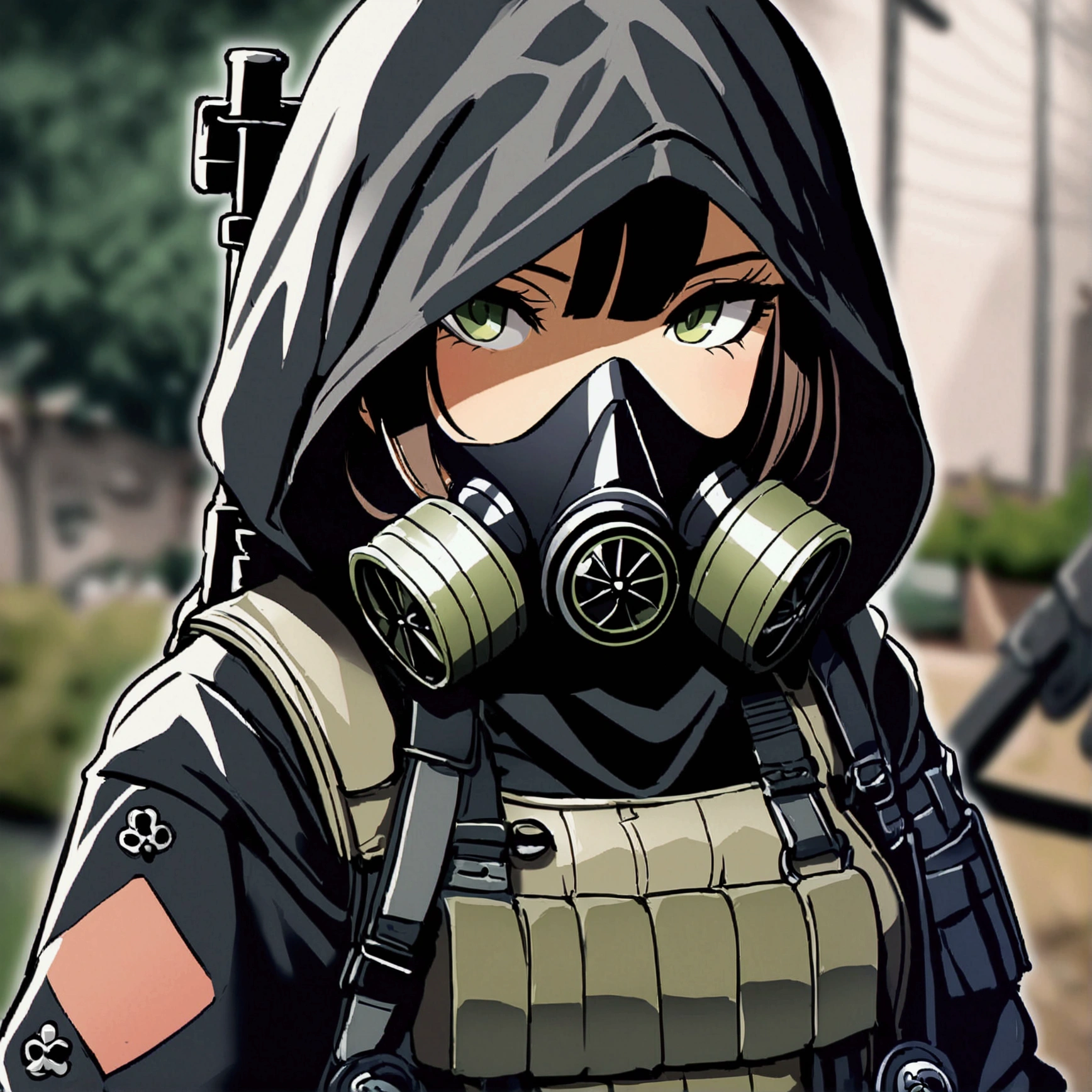 ((mejor calidad)), ((obra maestra)), (detallado), 1 chica, Female, black hood, gas mask, black jacket, bulletproof vest and green vest. Black tactical backpack. Post apocalyptic style