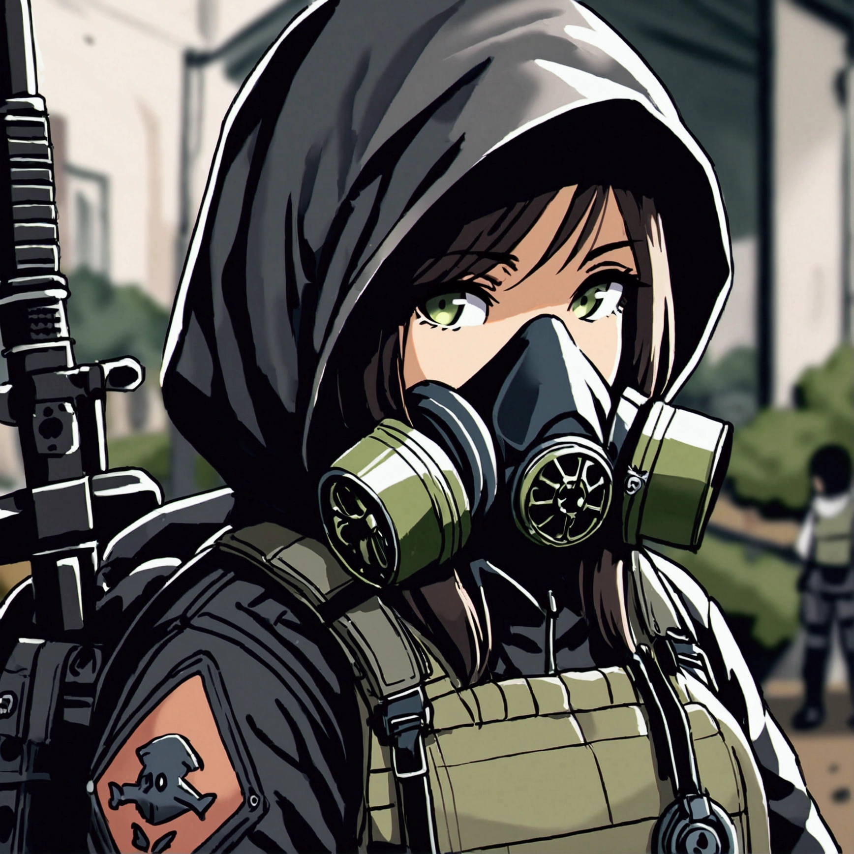 ((mejor calidad)), ((obra maestra)), (detallado), 1 chica, Female, black hood, gas mask, black jacket, bulletproof vest and green vest. Black tactical backpack. Post apocalyptic style