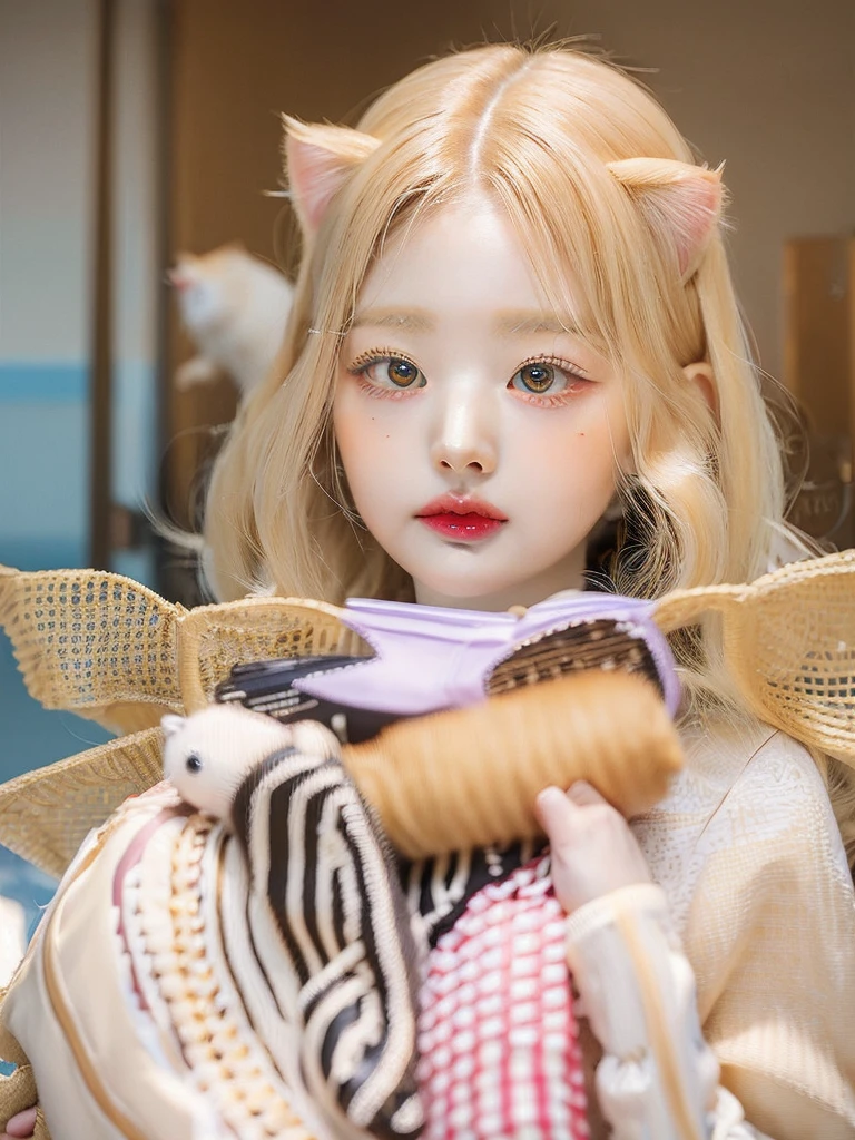 blonde-haired girl with a cat in her arms, very beautiful cute,  girl, ulzzang, beautiful young kitten, lalisa manobal, beautiful anime cat girl, girl, Very beautiful anime, long blonde hair and big eyes, anime girl, cute chica ready anime, pale skin curly blonde hair ((8k)) ((high resolution)) 