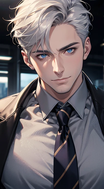 (best quality,4k,8k,highres,masterpiece:1.2),ultra-detailed,(realistic,photorealistic,photo-realistic:1.37),1 man,31 years old,mature man,very handsome,without expression,smile,short grey white hair,blue eyes,penetrating gaze,perfect face without errors,imposing posture,businessman,office background,cinematic lighting,hdr image