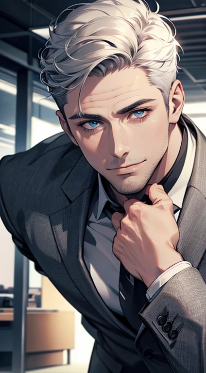 (best quality,4k,8k,highres,masterpiece:1.2),ultra-detailed,(realistic,photorealistic,photo-realistic:1.37),1 man,31 years old,mature man,very handsome,without expression,smile,short grey white hair,blue eyes,penetrating gaze,perfect face without errors,imposing posture,businessman,office background,cinematic lighting,hdr image