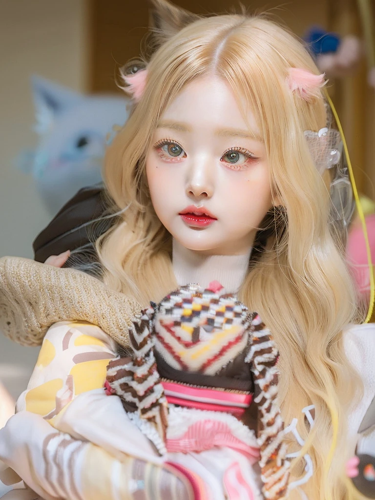 blonde-haired girl with a cat in her arms, very beautiful cute, girl, ulzzang, beautiful young kitten, lalisa manobal, beautiful anime cat girl, girl, Very beautiful anime, long blonde hair and big eyes, anime girl, cute chica ready anime, pale skin curly blonde hair ((8k)) ((high resolution))