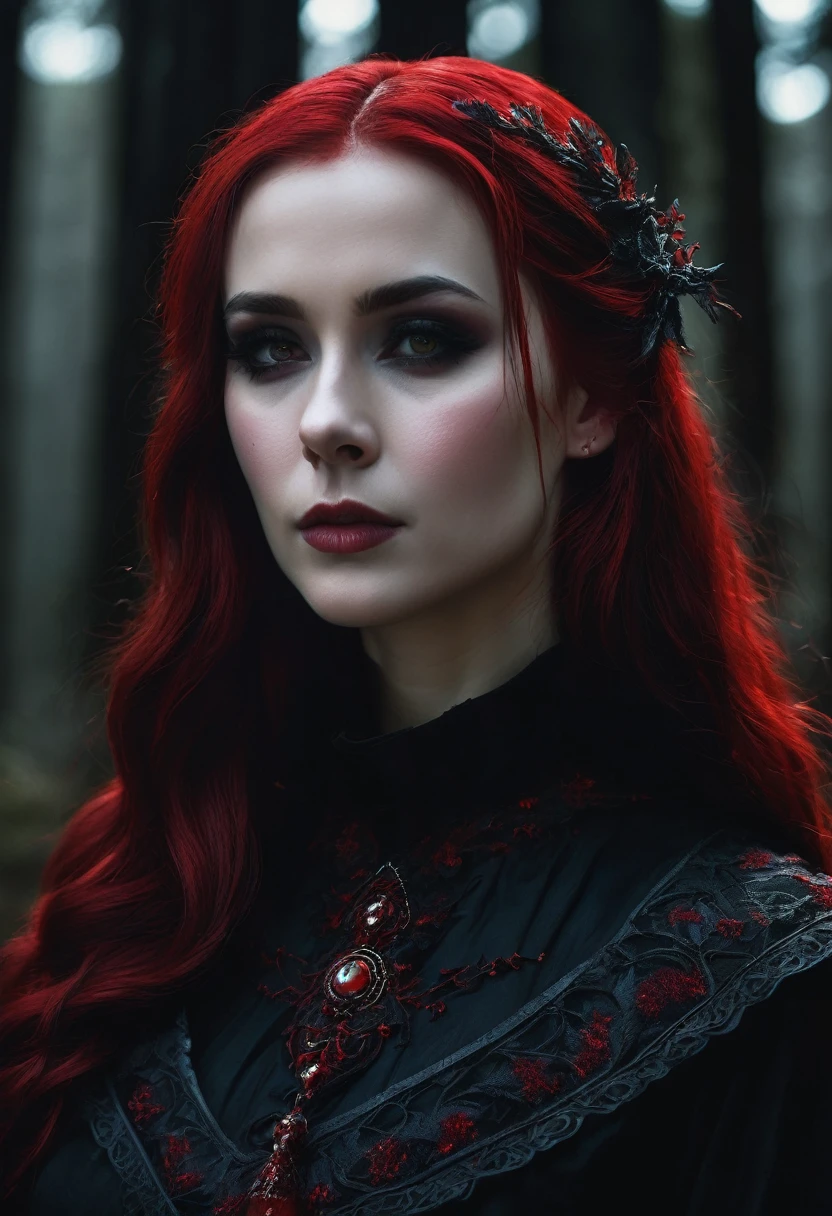 a beautiful detailed caucasian woman, intricate black clothing, piercing red eyes, vibrant red hair, Blood Witch, profile view, detailed black attire, blood surrounding, dark forest background, (best quality,4k,8k,highres,masterpiece:1.2),ultra-detailed,(realistic,photorealistic,photo-realistic:1.37),chiaroscuro lighting,dramatic shadows,moody atmosphere,gothic,dark fantasy