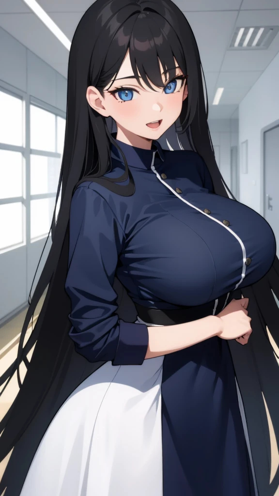 (masterpiece), (best quality), (ultra-detailed), ((girl, 29 years old)), an extremely delicate and beautiful, detailed eyes, minute details, (black hair, long hair, straight hair, hair between eyes), ((big breasts)), smile, open mouth, ((beautiful eyes)), (blue eyes), (upper body), she is wearing a blue dress, (detailed clothes), (detailed background, in a hospital, hospital hallway), (monochrome)