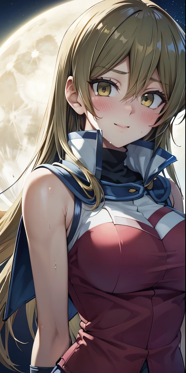 1 Female,High definition,high resolution,Ultra-realistic,8K, 8K, ta1,blonde hair,long hair,yellow eyes, white jacket, sleeveless, blue skirt,tight skirt , miniskirt,fingerless gloves,European,sexy,Upper body close-up,Photographed from the front,Dynamic Angles,(blush), big tits , happy, wink the eye,facial, sweat,multicolored hair , outdoors, moonlight, night 