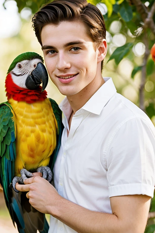 A young cute handsome skinny tall naked man with cockatoo feeding him